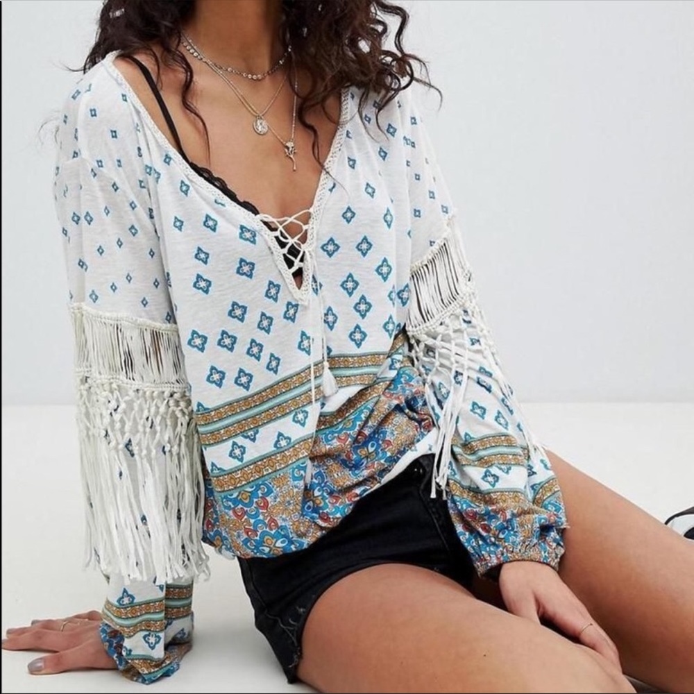Free People Marca Maze Me Long Sleeve Fringe Top XS NWT